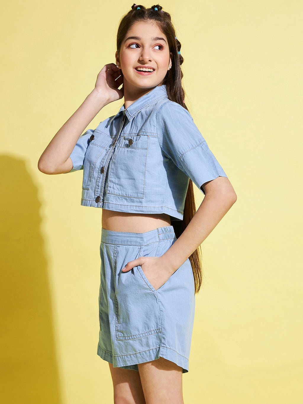 Girls Mid Thigh Solid Top with Shorts - Blue