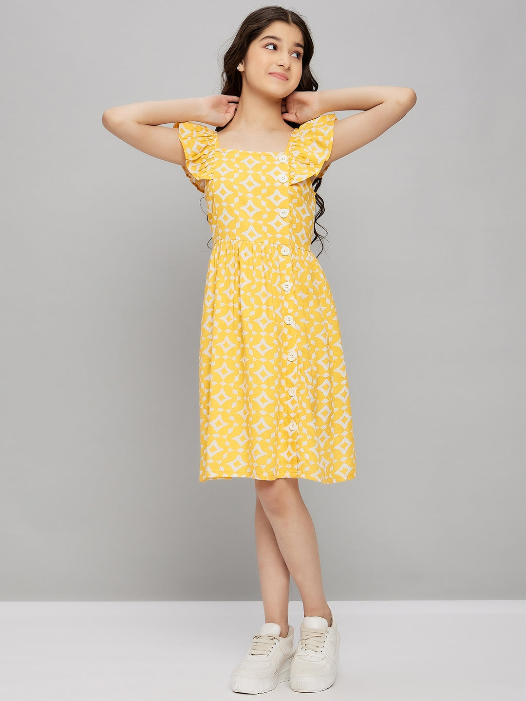 Girls Knee Length Dress - Yellow
