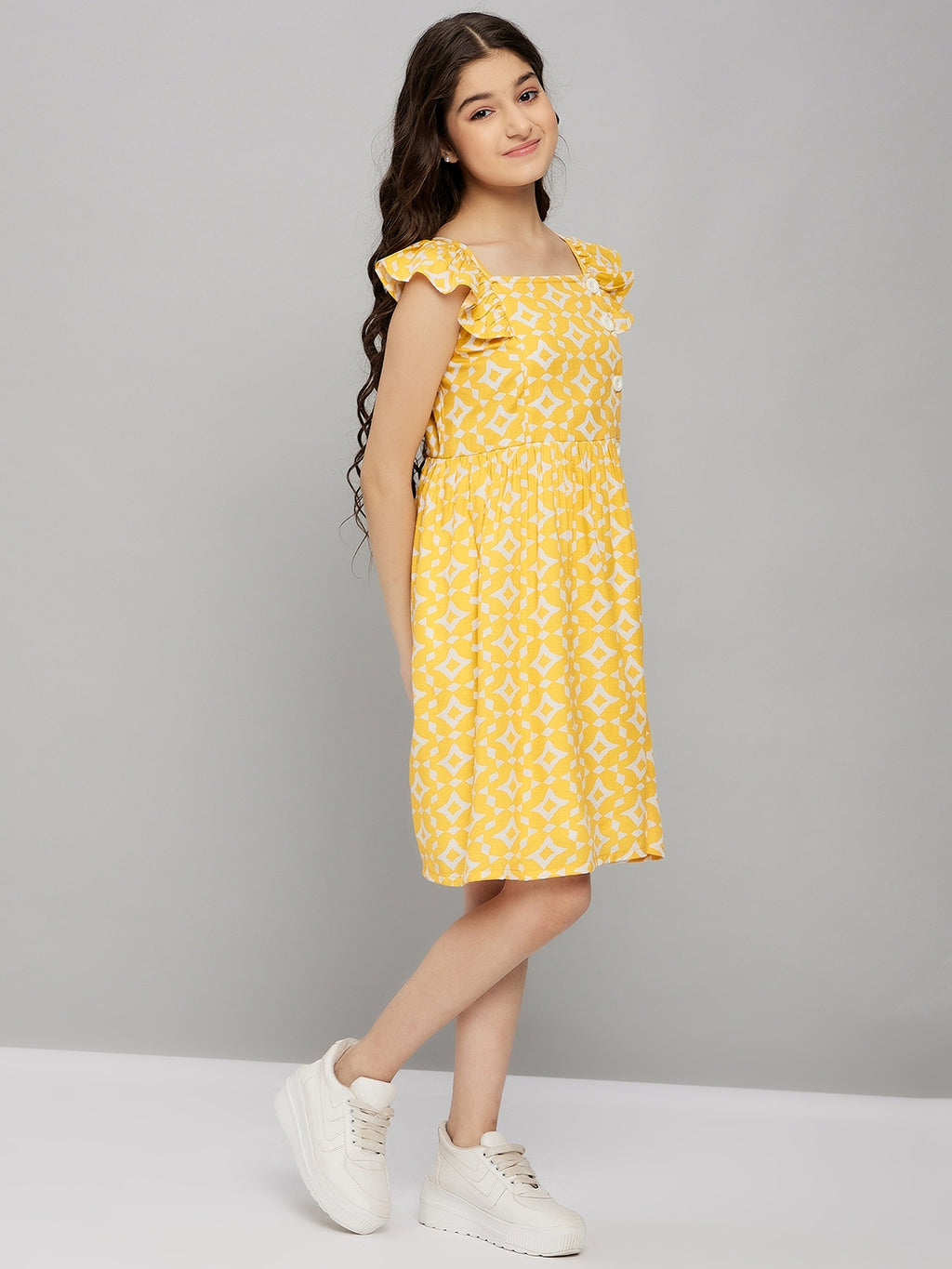 Girls Knee Length Dress - Yellow