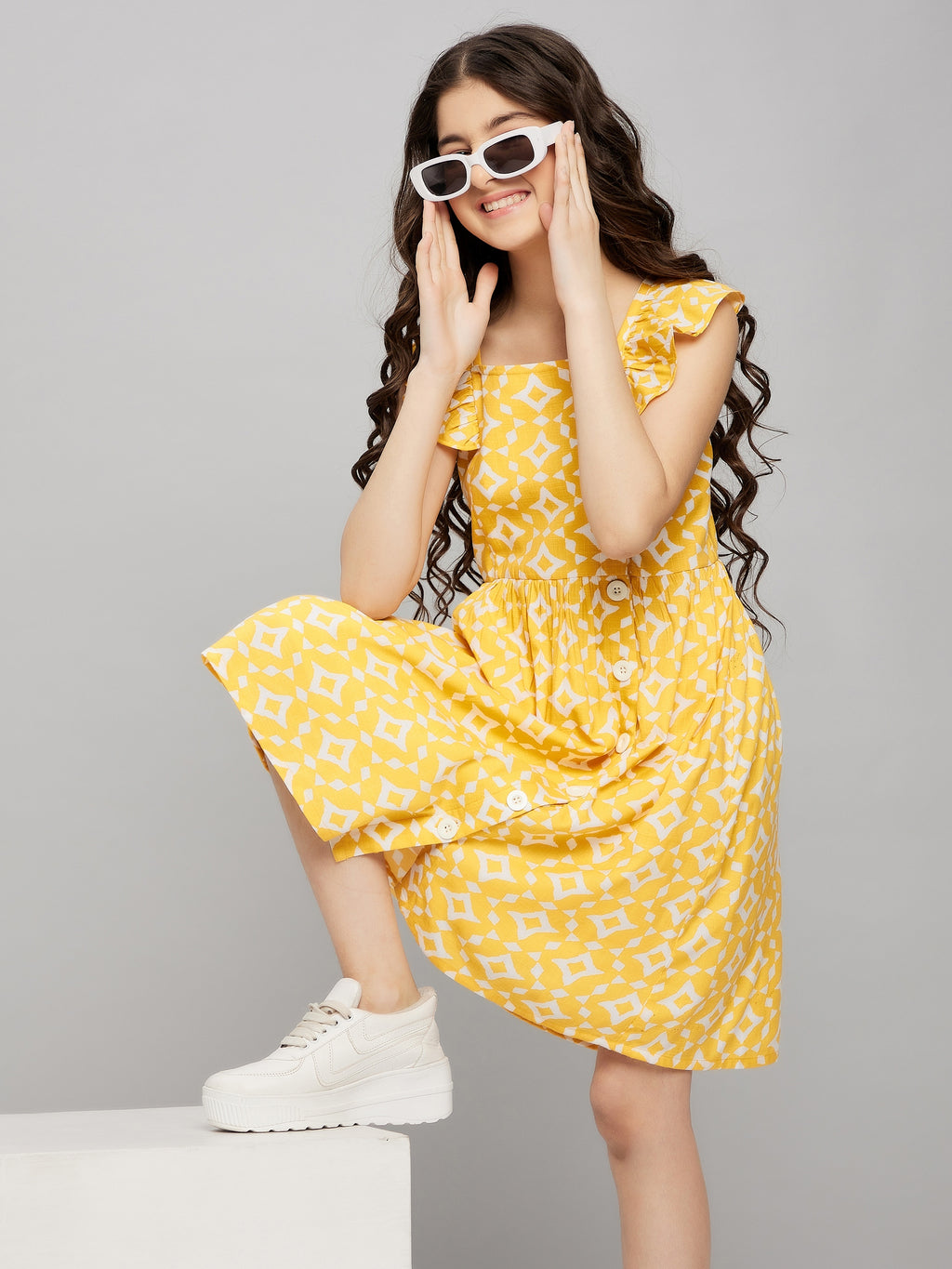 Girls Knee Length Dress - Yellow