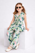 Girls Ankle Length All over Print Top With Pants - Green